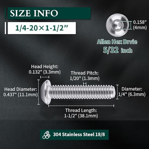 Image of 1 /4-20 x 1-1 /2 inch Button Head Socket Cap Bolts Screws, 304 Stainless Steel 18-8, Allen Hex Drive, Bright Finish, Fully Machine Thread, Pack of 100