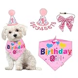 ADOGGYGO Dog Birthday Party Supplies, Pink Girl Puppy Birthday Bandana Hat Numbers Bow Set for Small Dogs Pets (Small)