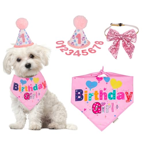 ADOGGYGO Dog Birthday Party Supplies, Pink Girl Puppy Birthday Bandana Hat Numbers Bow Set for Small Dogs Pets (Small)