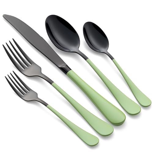 DINYWOW 20-Pieces Green and Black Silverware Sets for 4,Green Handle Stainless Steel Cutlery Set, Include Forks Spoons and Knives Set, Dishwasher Safe Utensil Sets for Home Restaurant