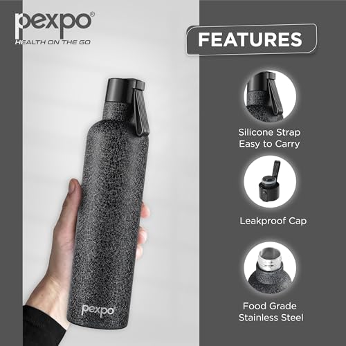 Pexpo Oslo 1000 ISI Certified Stainless Steel Vacuum Insulated Flask - 980ml | Double Wall Water Bottle | Hot & Cold | Carry Strap | Men and Women | Office, Home and Gym | RCB Edition - Black