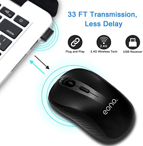 Amazon Brand - Eono Wireless Mouse for Laptop Ergonomic Computer Mice, 2.4G Cordless Mini Silent Optical Mouse 3 Adjustable DPI Levels, 1600DPI USB Mice for Windows Chromebook MacBook-Black