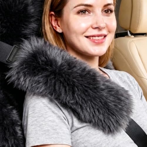 Image of 2 Pack Sheepskin Car Seat Belt Cover Pads | Long Wool Seatbelt Cushions