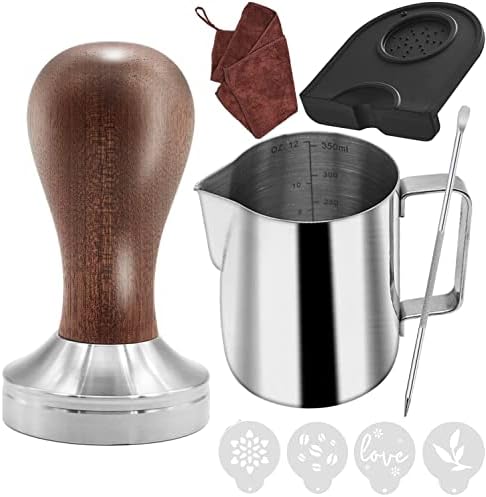 Ezebesta 51mm Coffee Tamper Set Barista Kit for Portafilter Machine Wooden Espresso Tamper with Tamper Mat, Frothing Pitcher (350 ml/11.836 oz), Barista Towel, Latte Art Pen and Decorative Stencils