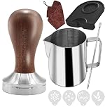 Ezebesta 51mm Coffee Tamper Set Barista Kit for Portafilter Machine Wood Espresso Tamper with Tamper Mat, Milk Jug (350 ml), Barista Towel, Latte Art Pen and Decorative Stencils