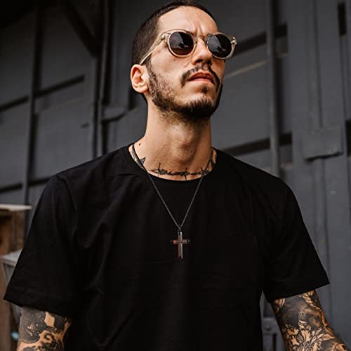 Wooden Cross Necklace for Men, Real Handmade Ebony Wood Cross Pendant Necklace Black Stainless Steel Chain, Christian Baptism Mens Cross Necklaces, Including 24 Inch Box Chain3