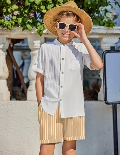 Image of Arshiner Boy's 2 Piece Beach Outfit Short Sleeve Textured Button Down Shirt and Short Sets Summer Vacation Wear 4-12 Years