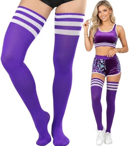 Image of ToBeInStyle Women's Heavyweight Knit Thigh High Long Socks w /Contrast 3 Stripe Top Band