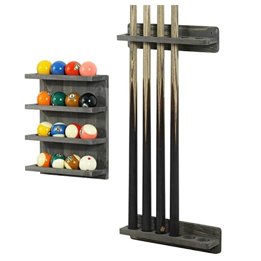 MyGift Wall Mounted Vintage Weathered Gray Wood Pool Cue Rack for 6 Cues, Billiards Accessories Holder and Ball Storage Shelf Set, 3-Piece Set