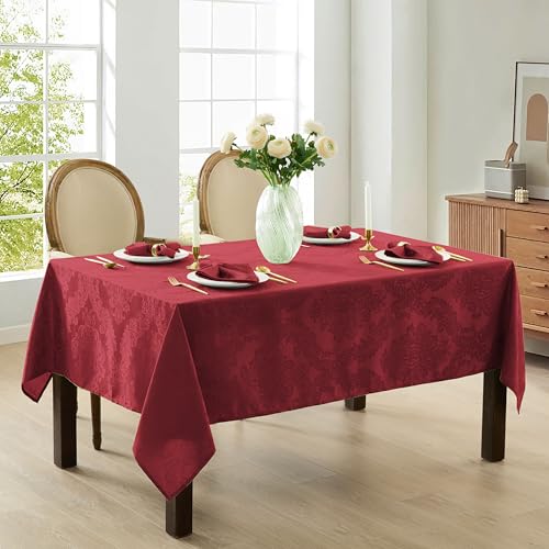 Newbridge Barcelona Damask Fabric Tablecloth, 60 x 102 Inch Rectangle, Burgundy – No Iron, Soil Resistant Table Cover for Dining, Parties and Holidays