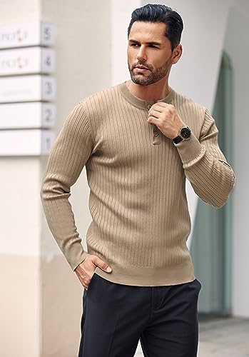 COOFANDY Mens Knit Henley Sweater Long Sleeve Button Down Lightweight Sweater Fall Slim Fit Ribbed Pullover2