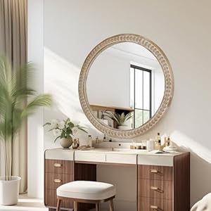 24" Round Wooden Wall Mirror,Rustic Circle Mirrors,Farmhouse Mirror with Beaded for Wall,Boho Decorative Mirror,Nature Vanity Accent Distressed Mirrors for Bathroom,Bedroom, Living Room,Entryway 24 Round Wooden Wall MirrorRustic Circle MirrorsFarmhouse Mirror with Beaded for WallBoho Decorative MirrorNature Vanity Accent Distressed Mirrors for BathroomBedroom Living RoomEntryway