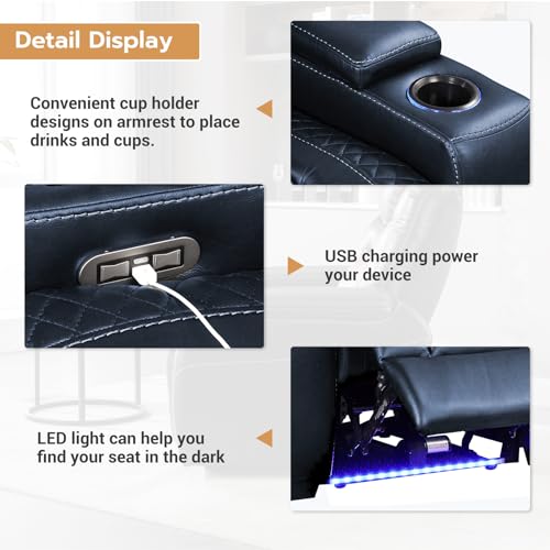 Image of ANJ Power Home Theater Seating Recliner chairs, PU Leather Recliner with Cup Holder, Electric Movie Theater Reclining Chairs with Adjustable Powered Headrest, Blue LED, Hidden Arm Storage (Black-Blue)