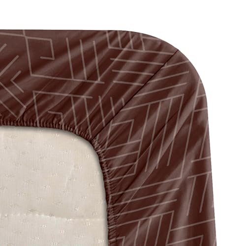 Image of BLISSHOME Everlast 150TC King Size Fitted Bedsheet with 2 Pillow Covers, Aesthetic Bedding, Wrinkle Resistant, 100+ Wash Durable, Quick Dry, Geometric Pattern - Brown (183cm x 198cm + 25cm Drop)