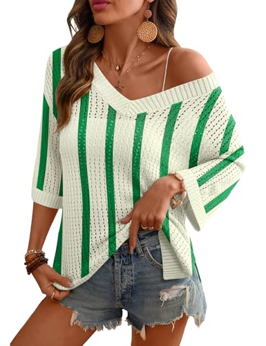 Image of Rapbin Women's Crochet V Neck Beach Cover Up 3 /4 Sleeve Hollow Out Knitted Pullover Sweater