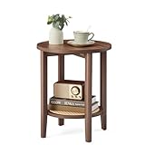 VASAGLE Round Side End Table, 2-Tier Boho Bedside Table with Rattan-Look Storage Shelf, Nightstand for Small Spaces, for Living Room, Bedroom, Home Office, Black Walnut ULET296K01