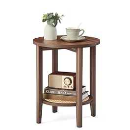 VASAGLE Round Side End Table, 2-Tier Boho Bedside Table with Rattan-Look Storage Shelf, Nightstand for Small Spaces, for Living Room, Bedroom, Home Office, Black Walnut ULET296K01