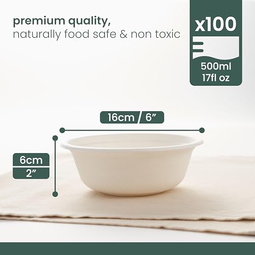 HAAGO - 100 Zuckerrohrschalen, Starke Papierschalen - Kompostierbare Partyschalen für Zuhause, Biologisch abbaubar, Einwegschalen für heiße und kalte Speisen - 500ml