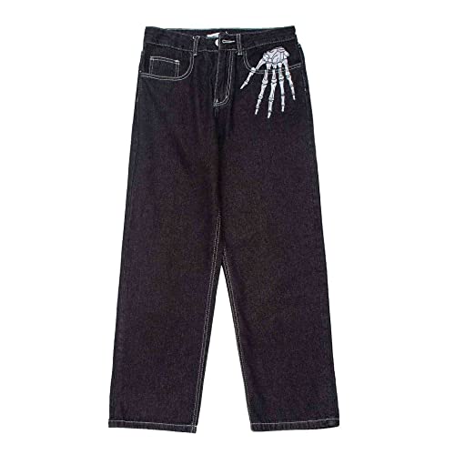 BXCNCKD Hip Hop Jeans Dark Black Skeleton Embroidery Jeans Gothic Loose Wide Leg Straight Leg Trousers Grunge Clothes2