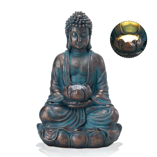 Bshine Buddha Statue Outdoor Solar Light with Lotus Lamp Zen Garden Decor