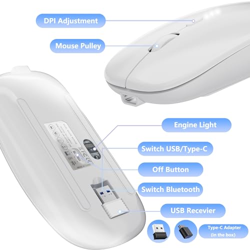 Image of Rechargeable Wireless Mouse, 2.4G Slim Mute Silent Click Noiseless Optical Mouse with USB Receiver Compatible with Notebook, PC, Laptop, Computer, MacBook (White)