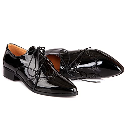 Shemee Women'S Patent Leather Low Heels Vintage Wingtip Oxfords Pumps Lace Up Pointed Toe Flat Retro Brogues Dress Shoes thumb #1