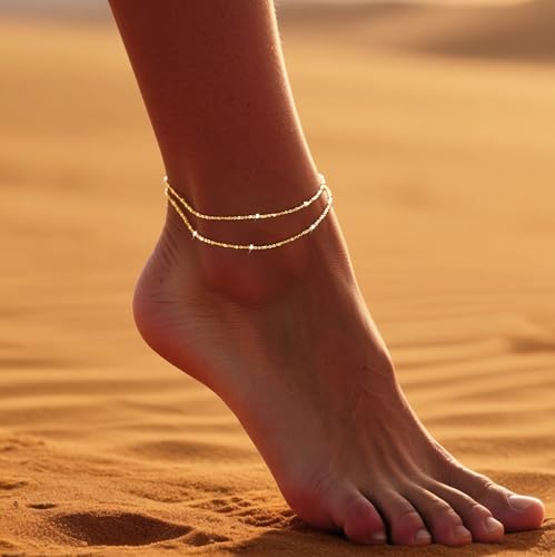 DEARMAY Dainty Layered Gold Ankle Bracelets for Women, Waterproof 14K Gold Plated Link Chain Anklets Non Tarnish Set Pack Summer Beach Jewelry Gift2