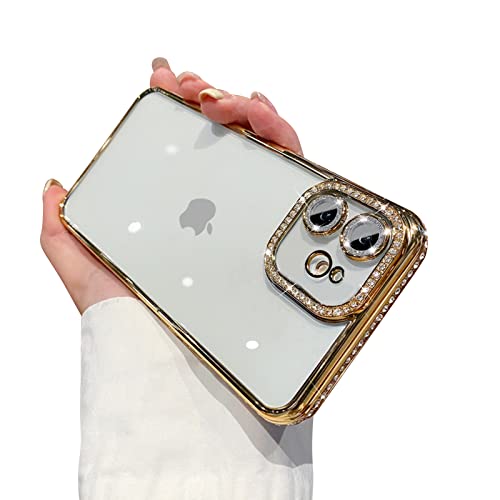 Coque iPhone 12 en cristal transparent et strass diamantés dorés de haute qualité