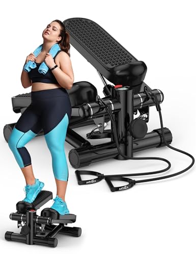 Image of Mini Portable Stepper Machine with Resistance Bands - 330LBS Weight Capacity, Adjustable Height, LED Monitor for Full Body Workout