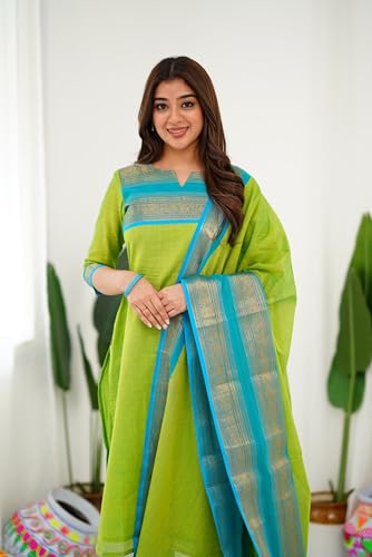 Image of TWINLIGHT Women's Kanchi Cotton Elephant Jaquard Work Kurta and Dupatta Set | V Neck 3 /4 Sleeves Straight Calf Length Kurti with Jaquard Border Work Dupatta | Kurti Set for Women