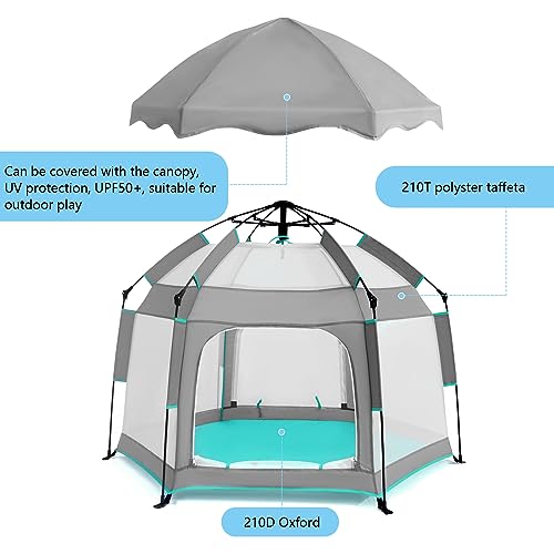 Baby Playpen with Canopy, Portable Baby Beach Tent, Toddler Play Yard Indoor and Outdoor, Foldable Mosquito Net for Infant - Grey - Image 5