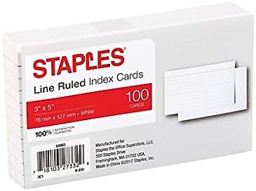 Staples 3" x 5" Line Ruled White Index Cards, 100/Pack (50993)
