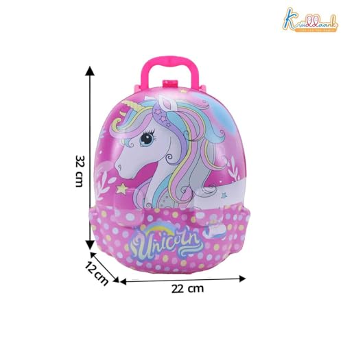 Image of Unicorn Backpack Dressing & Makeup Gift Set for Kids - 2-in-1 Portable Trolley Pretend Play Vanity Kit with Electronic Hair Dryer & 13 Accessories - Ideal Birthday Gift for Girls 3+ Years