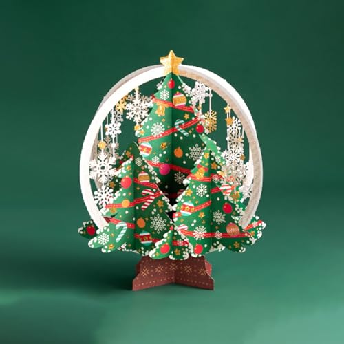 3D Pop-Up Christmas Green Crystal Ball Greeting Card Colorful Decorated Christmas Tree with Snowflakes Holiday Card for Christmas Wishes and Gifts