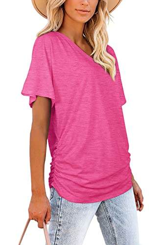 Image of WIHOLL Womens Summer T-Shirts Short Sleeve V Neck Dolman Tops with Side Shirring Loose Fit Shirts Spring Fashion