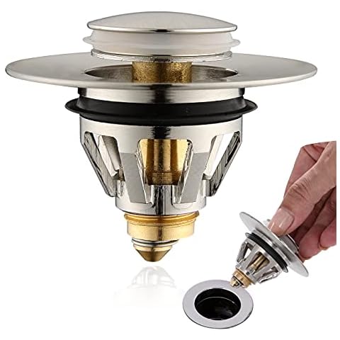 Wash Basin Bounce Drain Filter, Only for 1 1/2 " Drain Hole, Pop Up Drain Stopper for Bathroom Sink, Brushed Nickel Bullet Core Push Type Sink Stopper, Sink Drain Plug with Anti-Clogging Strainer Cover