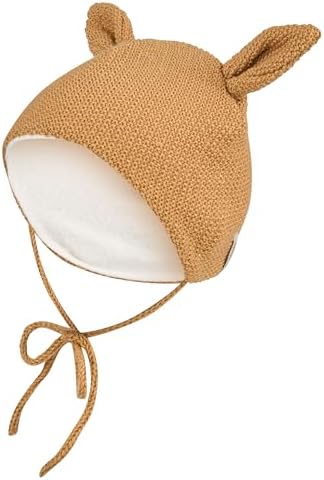 Sterntaler Strickmütze Hase in Perlmuster-Optik mit Hasenohren, angeschnittenen Ohrenklappen und Bindebändern – Unisex – warme Mütze für Baby und Kinder, Goldbraun, Größe 43
