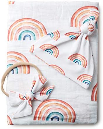 Miaoberry Organic Muslin Baby Swaddle Blanket and Hat Set Newborn Unisex Neutral Boy Girl| Boho Rainbow |Photo Props Birth Announcement Card