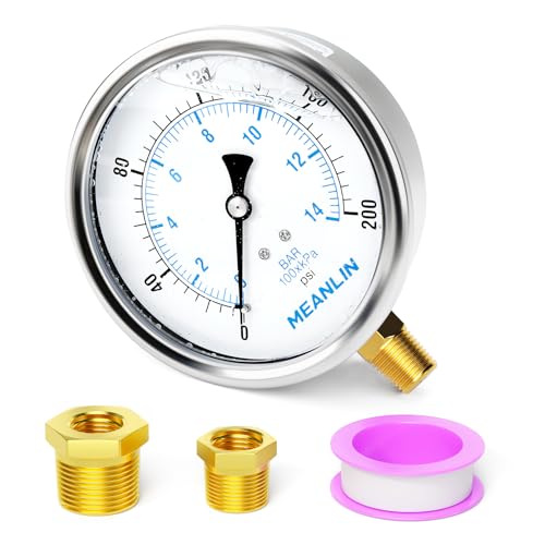 MEANLIN MEASURE 0~200Psi Stainless Steel 1/4" NPT 4" FACE DIAL Liquid Filled Pressure Gauge WOG Water Oil Air Lower Mount, with 1/2" NPT and 3/8" NPT Hex Bushing