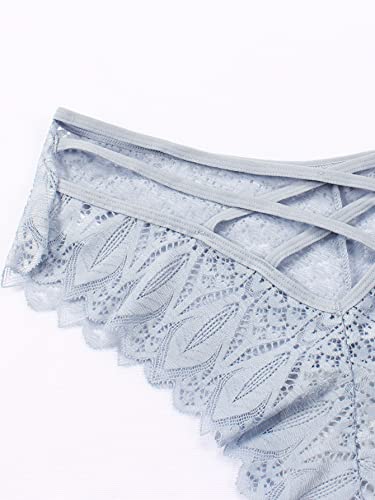 Shein Women's Floral Sheer Lace High Waist Panties Lace Up Back Lingerie Briefs Dusty Blue Large #TOP3