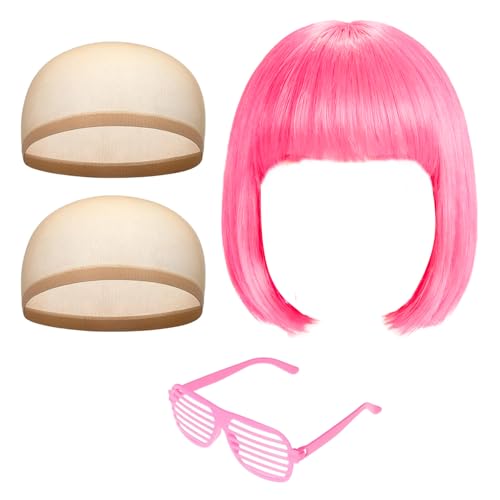 CERCTLA Perruque Partyrama, Perruque Coupe au Carré Classique avec Lunettes de Soleil en Forme de Cœur et Bonnet, Bob Perruques Rose pour Femmes pour Le...