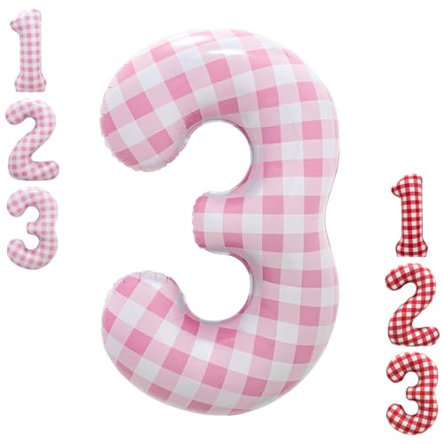 40 Inch Pink Gingham Number 3 Balloon | Large Foil Checkered Balloon for Baby Girls 3rd Birthday Party Decorations Pink 3 Balloon