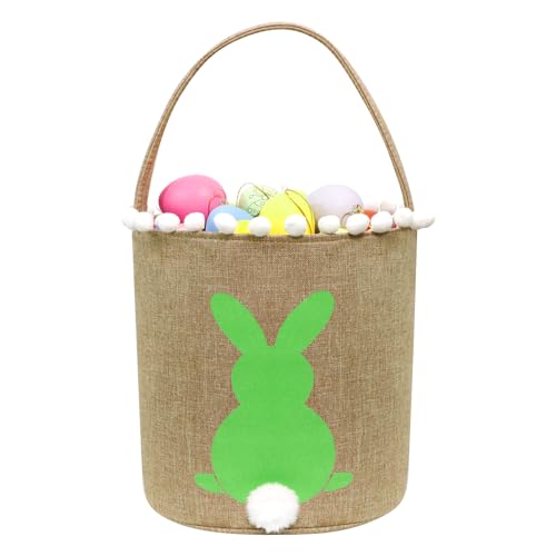 Easter Bunny Baskets, Easter Egg Hunt Bunny Bags Little Baskets with Fluffy Tail Canvas Cotton Rabbit Handbag Bucket Tote Bag for Kids Girls (Hairball, Green)