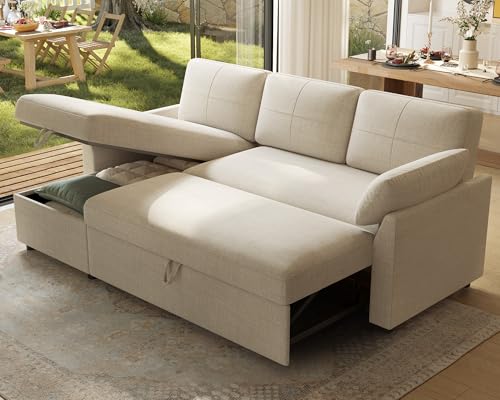 AMERLIFE Sofa Bed, 2-in-1 Sleeper Sofa with Storage Chaise, Pull Out Sofa Couch for Apartment Living Room, Linen Beige