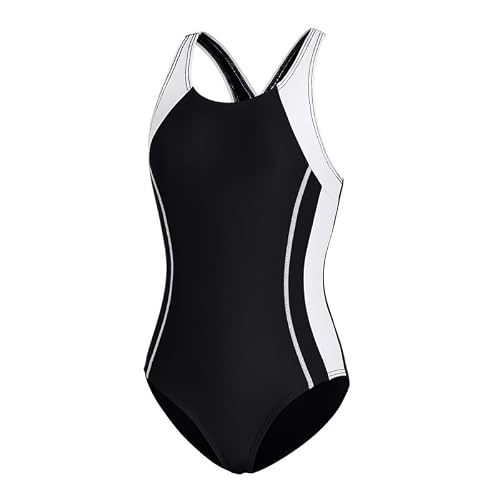 beautyin Girls Swimsuit One Piece Swimwear Athletic Competition Bathing Suit 7-16Y, Black/White, 9-10 Years