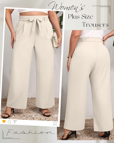 Women's Plus Size Wide Leg Dress Pants High Waist Palazzo Adjustable Knot Casual Business Trousers with Pockets3