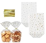 120 Stück Bodenbeutel Gold Sterne OPP Beutel mit 150er Gold Band Plätzchentüten Kekstüten Weihnachten Cellophantüten mit Boden Verpackung Keksbeutel Gebäckbeutel Weihnachtsbeutel Klarsichtbeutel Tüten
