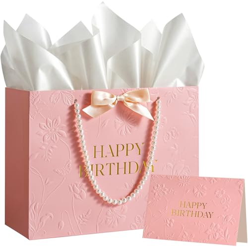 Crisky Pink Birthday Bags for Women with Pearl Handles, Tissue Paper and Card, Embossed Floral Design Happy Birthday Gift Bag for Women, Her, Female Friends，Coworkers