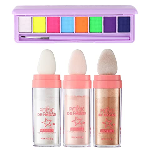3pcs Polvos de Hadas Maquillaje,Polvo de hadas con 8 colores Paleta de pintura corporal facial Paleta,Pintura corporal facial,para cara Cuerpo Cabello-ROSPRETTY Cover