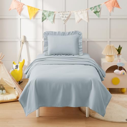 Image of KKJIAF 3 Piece Toddler Sheet Set Microfiber, Includes a Flat Sheet, a Fitted Sheet and a Ruffle Pillowcase, Dusty Blue